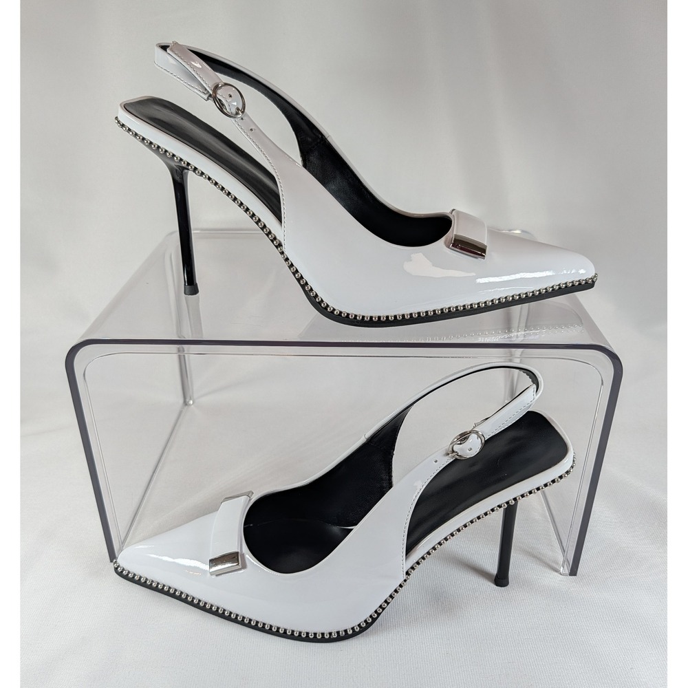 White Patent Slingback Pumps Pointed Toe Stiletto Heels Silver Stud Trim Size 9